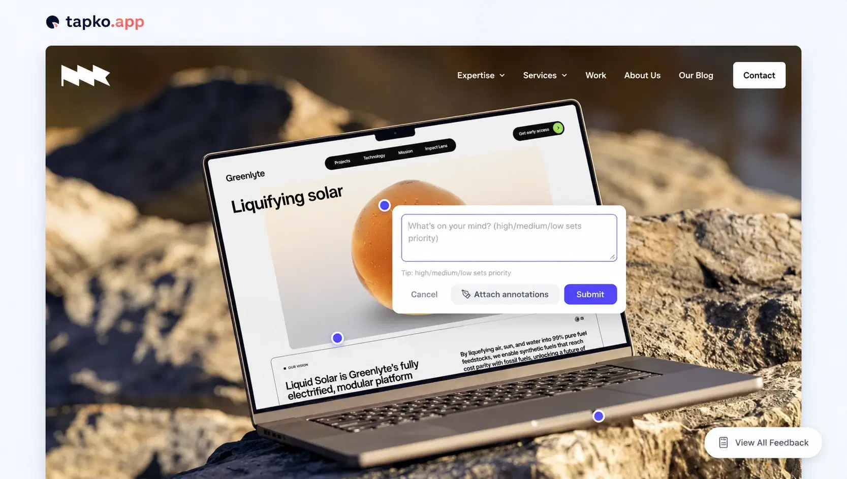 A client commenting directly on a snapshot of a website in tapko.app Canvas
