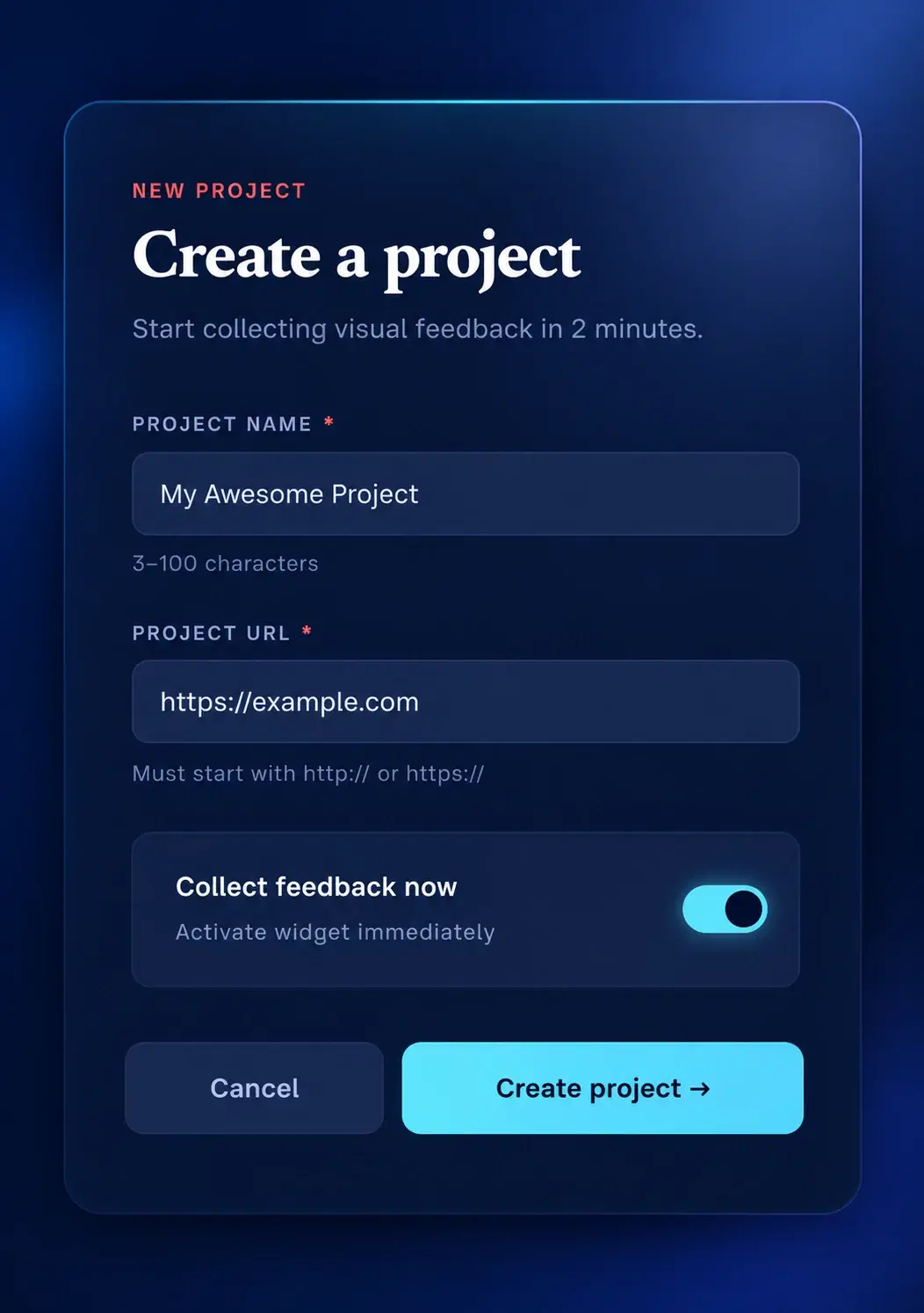 The Create a project form with a project name, a project URL and a Collect feedback now toggle