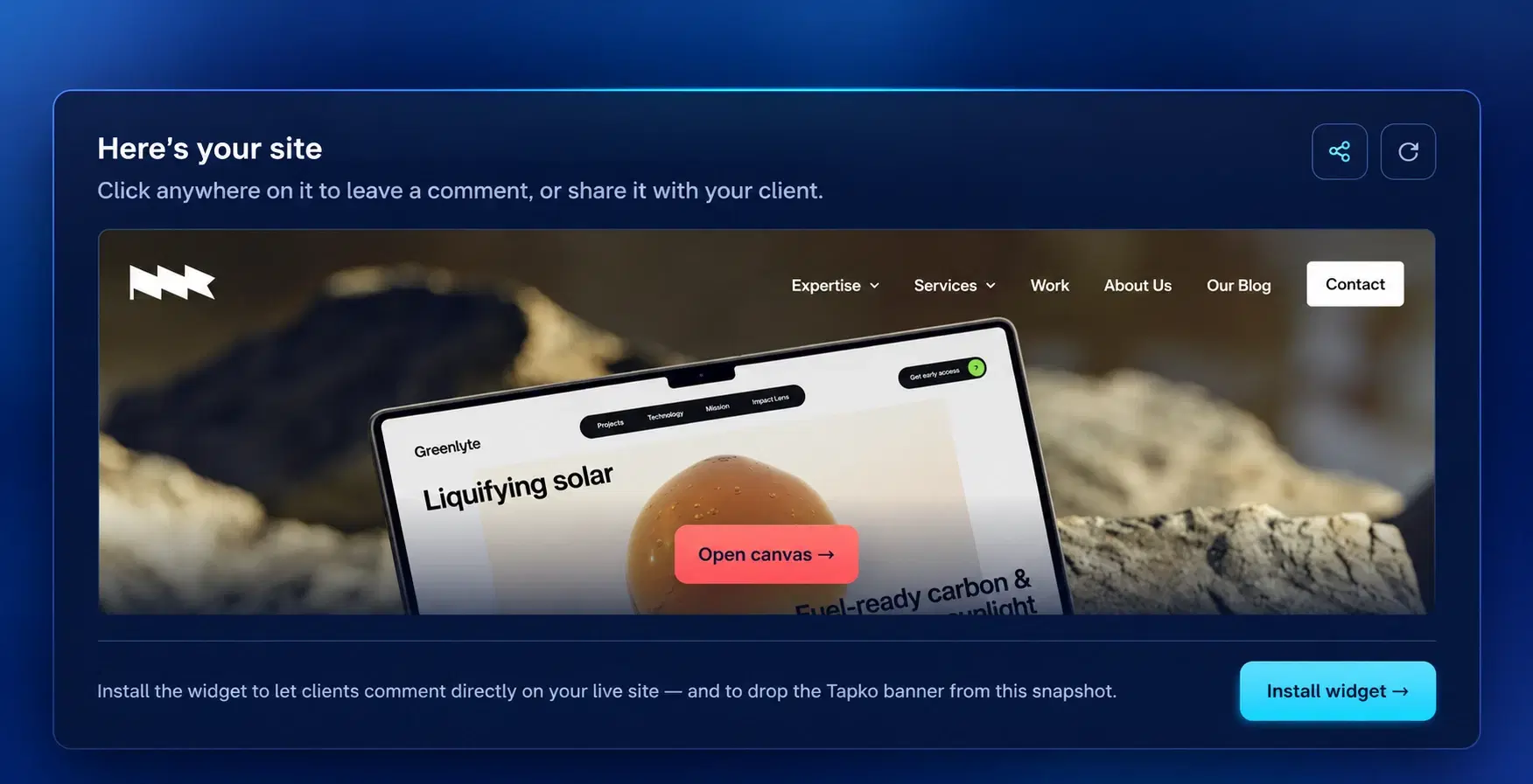 The Here’s your site card showing a snapshot of the site with share and refresh buttons and an Open canvas button