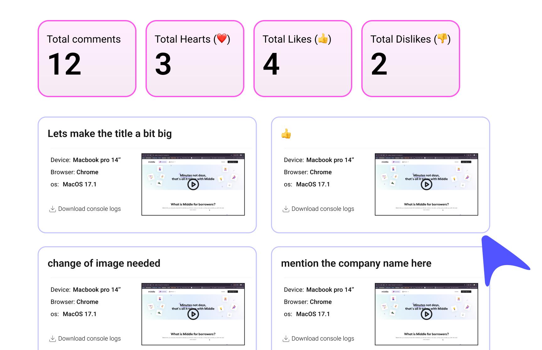Tapko dashboard showing collected feedback across projects