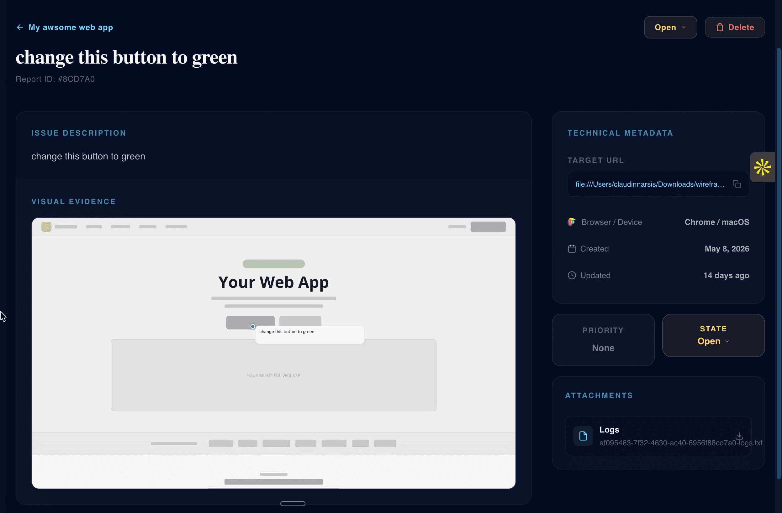 Visual feedback report in Tapko showing screenshot, device context, and client comment